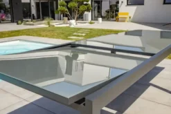 Ensemble repas 10 à 12 places en aluminium et plateau verre - gris anthracite