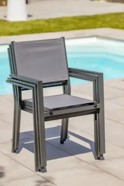 Ensemble repas 10 à 12 places en aluminium et plateau verre - gris anthracite