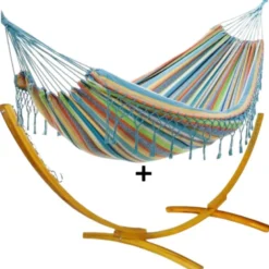 Ensemble support bois avec hamac à franges pastel