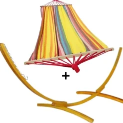Ensemble support bois avec hamac à barres jaune