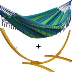 Ensemble support bois avec hamac à franges bleu et vert