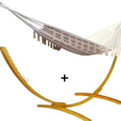 Ensemble support bois avec hamac simple écru à pompons