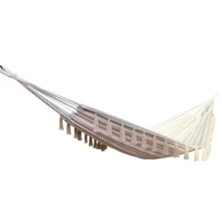 Ensemble support bois avec hamac simple écru à pompons