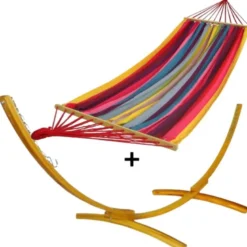 Ensemble support bois avec hamac à barres multicolore