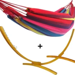Ensemble support bois avec hamac simple rouge