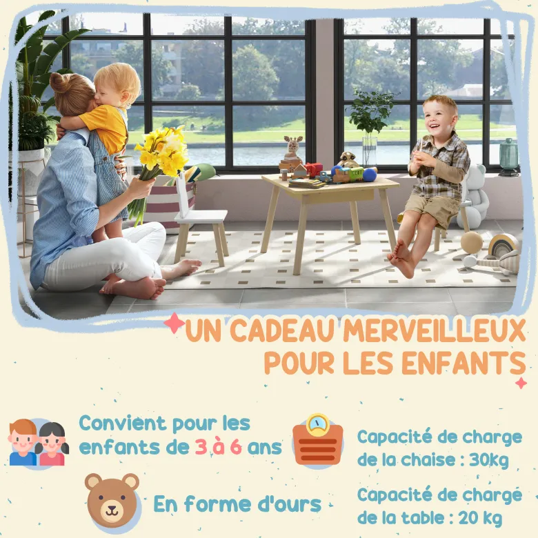 Ensemble table chaises enfant design ourson scandinave et rangement