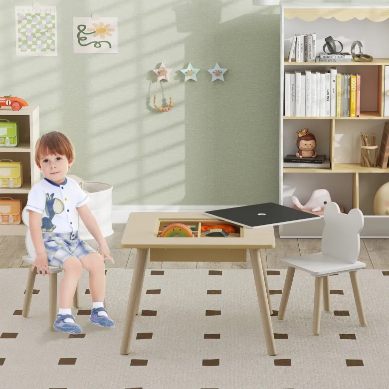 Ensemble table chaises enfant design ourson scandinave et rangement