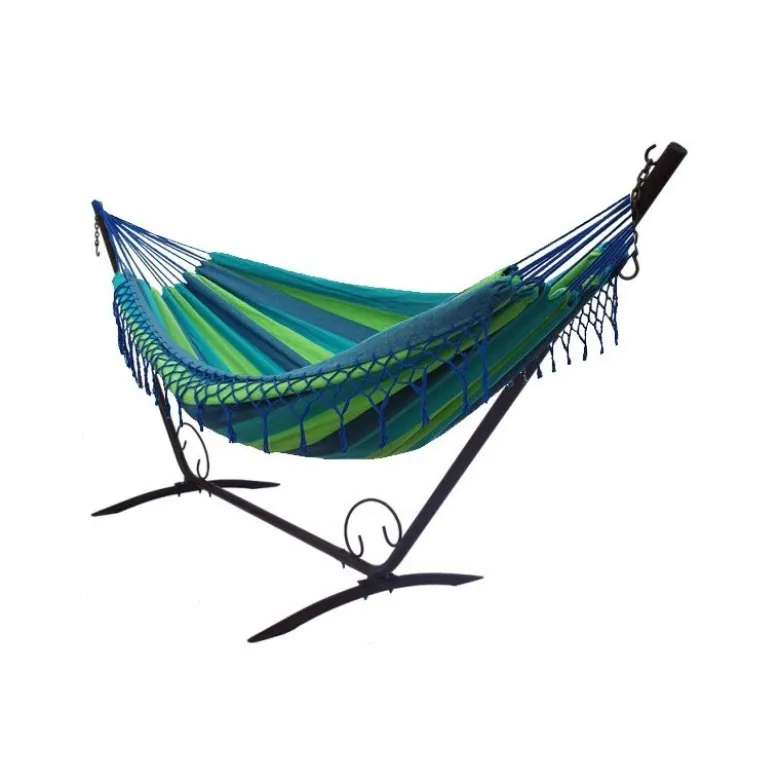 Hamac bleu et vert à franges avec support en métal