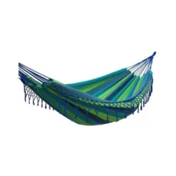 Hamac bleu et vert à franges avec support en métal