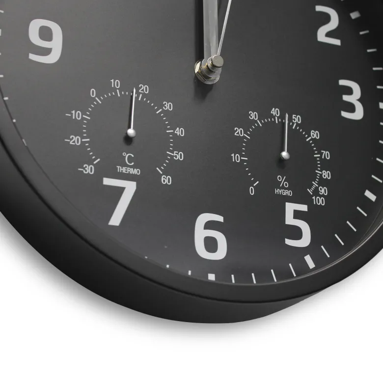 Horloge murale radiopilotée hygromètre thermomètre fond noir