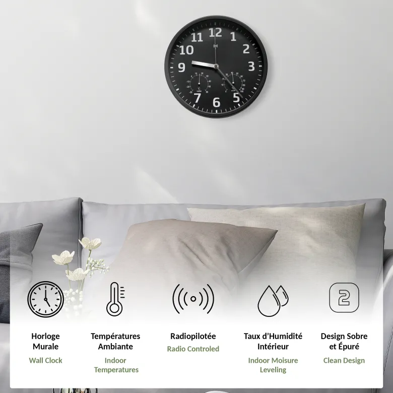 Horloge murale radiopilotée hygromètre thermomètre fond noir