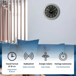Horloge murale solaire radio-pilotée avec grands chiffres