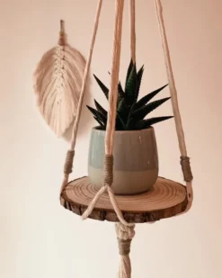 Kit diy étagère rondin macramé moutarde — étagère murale bohème