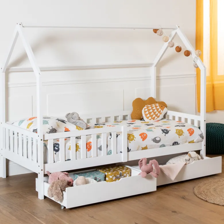 Lit cabane pour enfant 190x90cm blanc avec tiroirs marceau