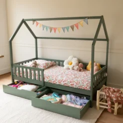Lit cabane pour enfant 190x90cm vert avec tiroirs marceau