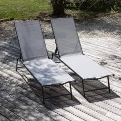 Lot de 2 bains de soleil pliants sicilia textilène gris - structure anthracite