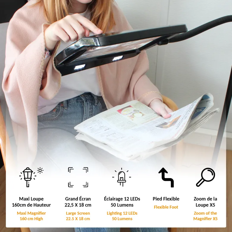 Loupe sur pied lumineuse x5 12 led grande surface 22,5 x 18 cm