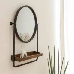 Miroir rond avec étagère bois et métal