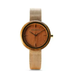 Montre bois acier or doré