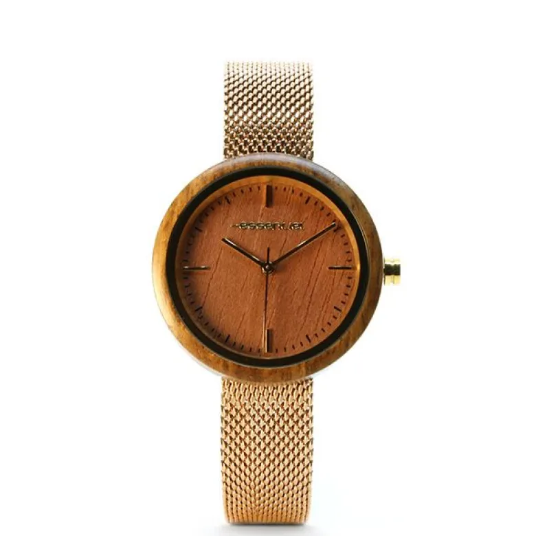 Montre bois acier or doré
