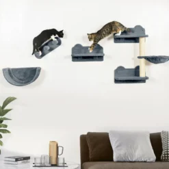 Mur d'escalade pour chat - griffoirs, plateformes, 2 paniers, échelle - gris