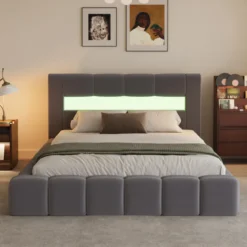 Omaha lit coffre style nuage led 140x190cm velours gris