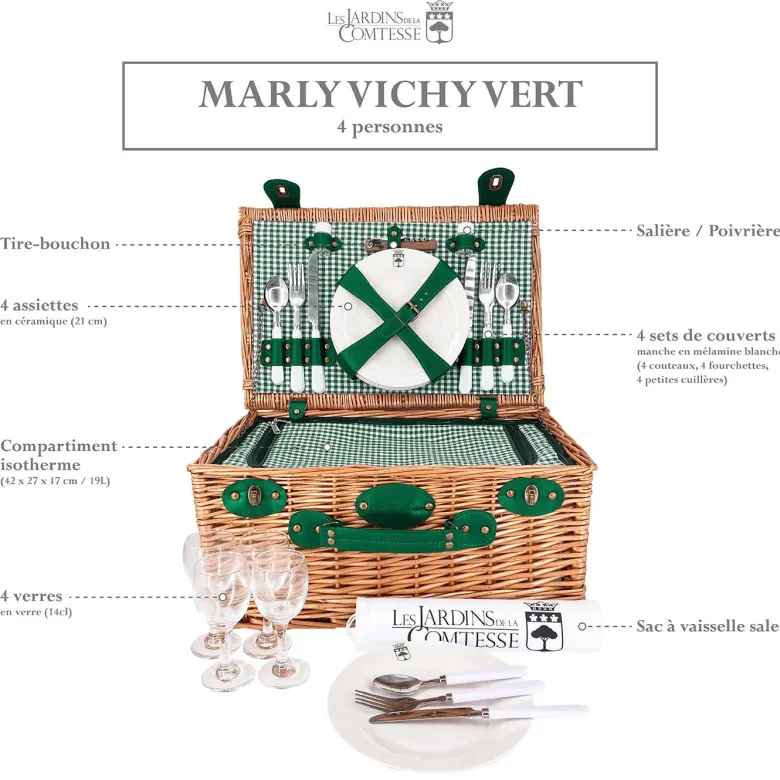 Panier pique-nique marly vichy vert 4p
