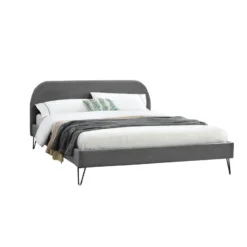 Phoenix lit 140 x 190 cm en velours gris et pieds noirs