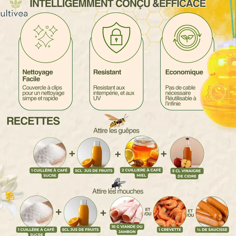 2 piège guêpes frelons extérieur réutilisable jaune