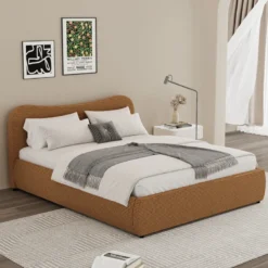 Plano lit coffre 140x190cm design arrondi velours côtelé marron