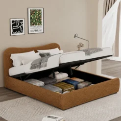 Plano lit coffre 160x200cm design arrondi velours côtelé marron