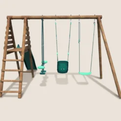 Portique en bois rond 3 agrès balançoire