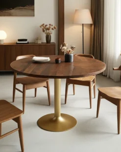 Prague - table repas ronde en bois massif et pied tulipe doré d110 cm 6 pers