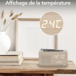 Radio réveil led avec finition bois