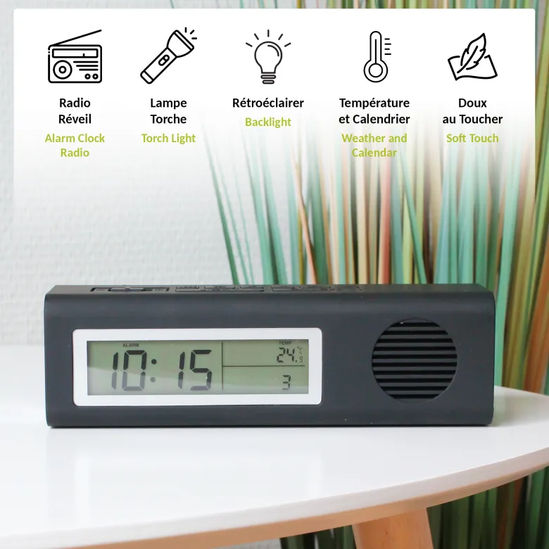 Radio réveil torche led compacte - 9 sons et fonctions pratiques