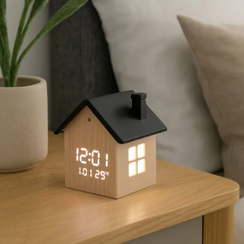 Réveil digital maison aspect bois