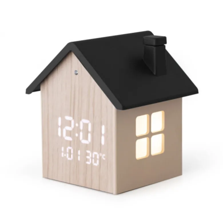 Réveil digital maison aspect bois