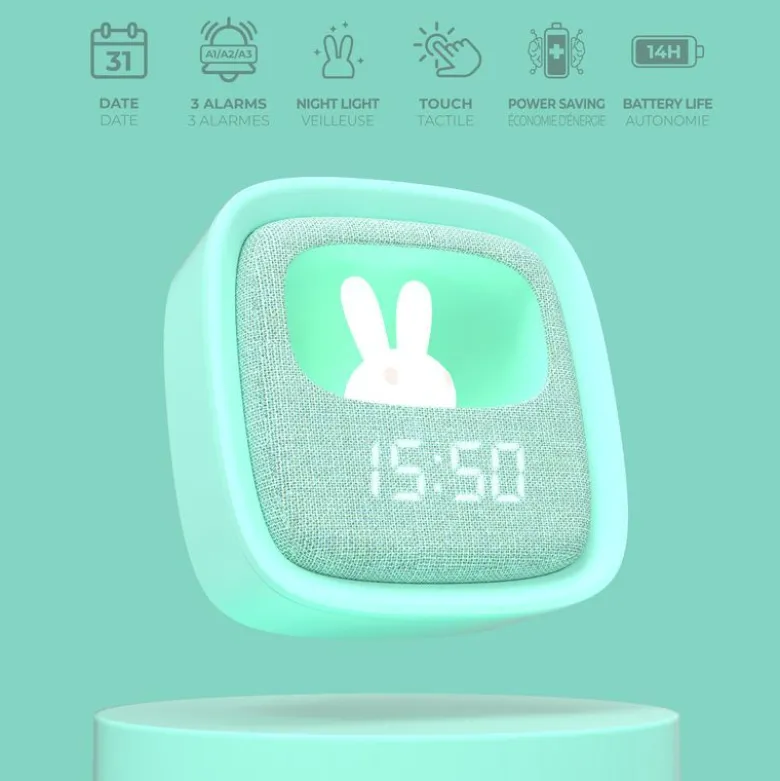 Réveil et veilleuse billy clock turquoise pour enfant - mob