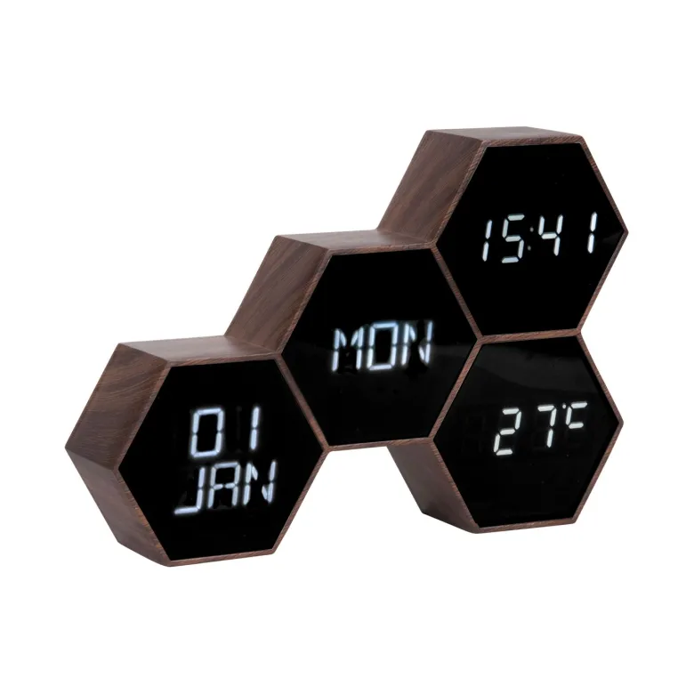Réveil six hexagonale marron effet bois