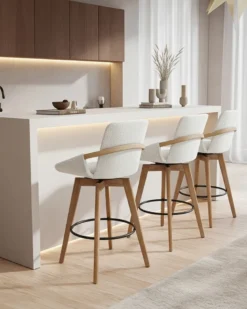 Saly - chaise de bar en tissu bouclette et pieds en bois