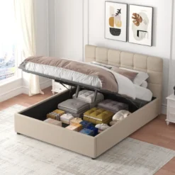 Santa lit avec coffre de rangement 140x190cm velours beige