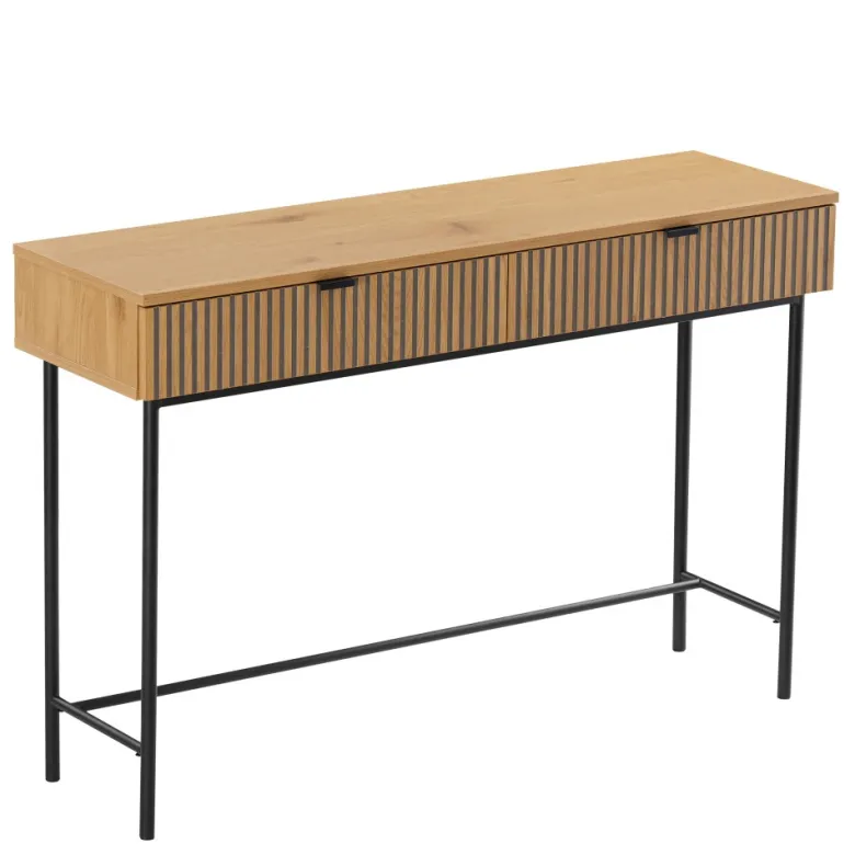 Scott - console 2 tiroirs bois décor effet rainuré noir et naturel