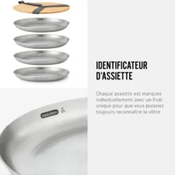Set de 4 assiettes en acier inox-léger-couvercle en bambou