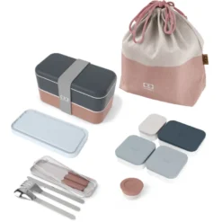 Set repas lunch box rectangle bleu et rose
