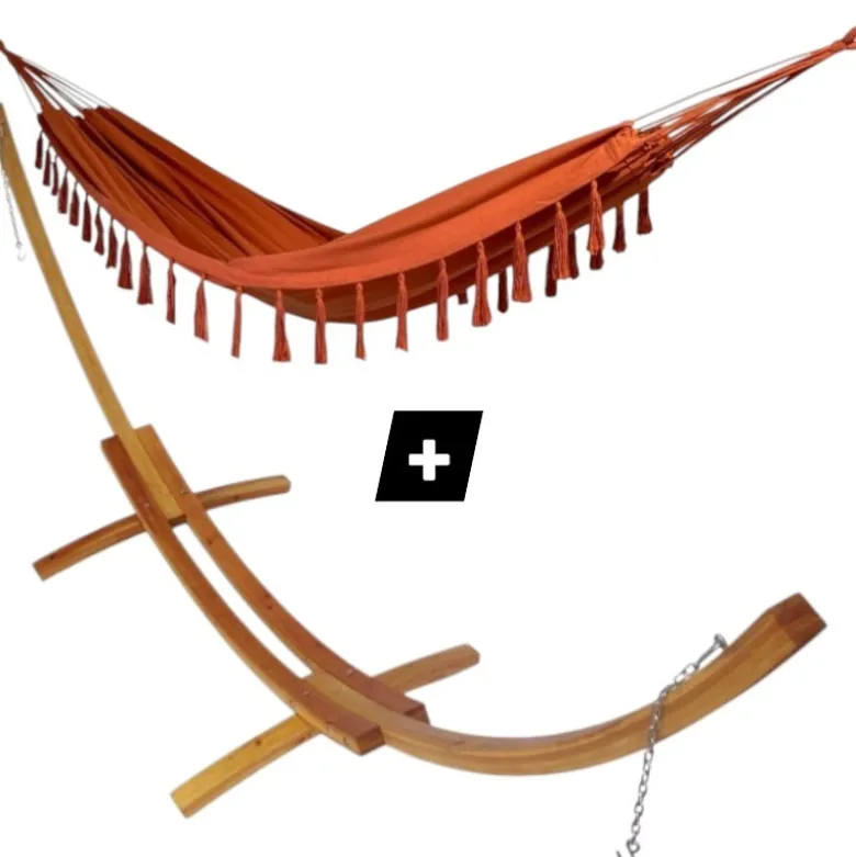 Set support bois avec hamac double orange à pompons