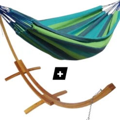 Set support double en bois avec hamac simple bleu et vert