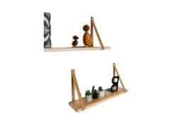 Étagère flottante bois sangle cuir 90cm