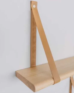 Étagère flottante bois sangle cuir 90cm
