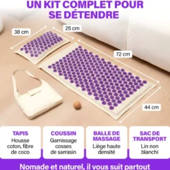 Tapis d'acupression + coussin ferme + sac transport + balle massage offerte