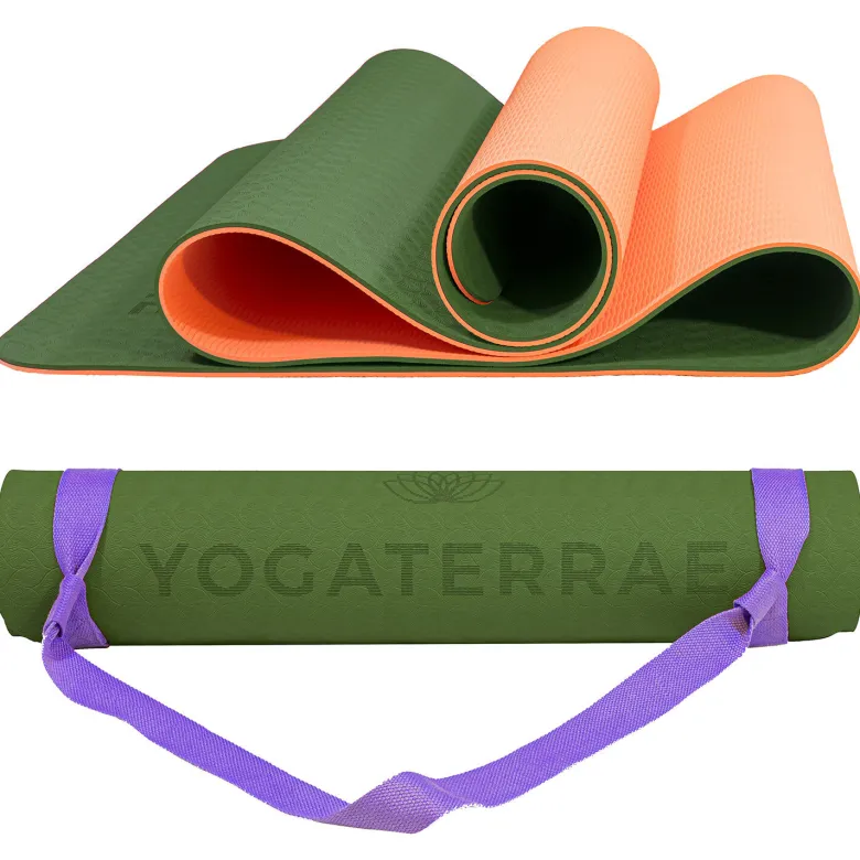 Tapis yoga vert kaki corail tpe + sangle